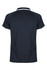 A dark navy polo shirt with a contrasting trim, featuring a simple collar and short sleeves. It has a logo.