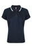 A navy blue polo shirt with a collar, featuring white trim and a logo on the chest area.