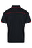 A black polo shirt with red accents, featuring a classic collar and a brand logo.