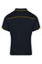 A navy polo shirt featuring yellow accents on the shoulders and a branded logo on the back.