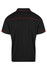 A black polo shirt with red accents and a logo on the back.