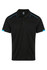 A black polo shirt with blue accents and a logo on the chest area.