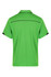 A green polo shirt with black accents, featuring a collar and short sleeves, and a logo on the upper back.