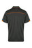 A dark green polo shirt with orange accents, featuring a collar and short sleeves. It has a branding logo.