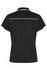 A black polo shirt with white piping detail, featuring a collar and short sleeves. It has a logo.