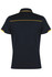 A black polo shirt with a yellow trim, featuring a logo on the front. The back has a sleek design.