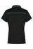 A black polo shirt with turquoise detailing and a logo, featuring a collared neckline and short sleeves.