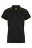 A black polo shirt with yellow accents, featuring a collar and buttons, designed for women's wear. It has a logo.