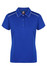 A blue polo shirt with a collar, featuring white piping and buttons, and a logo on the label.
