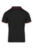 A black polo shirt with red piping, featuring a collar and short sleeves. It has a logo on the left side.