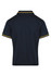 A navy blue polo shirt featuring contrasting yellow stripes on the collar and sleeves, with a logo present.