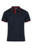 A navy polo shirt with red accents and a collar, featuring a logo on the chest.