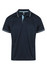 A navy blue polo shirt with light blue accents and a logo on the chest. Short sleeves and a classic collar design.