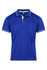 A blue polo shirt with white detailing and a collar, featuring a logo on the upper left.