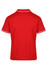 A red polo shirt featuring white trim, showcasing a back view. The shirt has a collar and short sleeves.