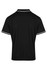A black polo shirt with a contrasting white trim on the collar and sleeves. It has a logo on the design.