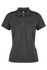 A dark grey polo shirt with a collared neckline, featuring a button placket and a logo.