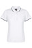 A white polo shirt with a collar and contrasting trim, featuring a logo on the chest.