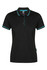 A black polo shirt with turquoise accents and a collar, featuring a logo.
