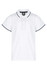 A white polo shirt featuring contrasting dark trim and a collar. It has a logo on the front.