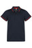 A navy blue polo shirt with red contrast trim and a logo on the chest. It features a classic collar and three buttons.
