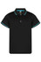 A black polo shirt with turquoise detailing on the collar and sleeves. It features a logo on the chest.