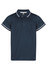 A navy blue polo shirt with contrasting white stripes on the collar and sleeves, featuring a button placket and a logo.