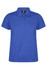 A blue polo shirt with a collar and three buttons, featuring a logo on the tag inside.