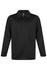 A black long-sleeve polo shirt with a collar and three buttons, featuring a logo at the neck.