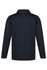 A navy blue polo shirt with a collared neckline and long sleeves, featuring a logo on the upper left chest.