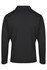 A black polo shirt with long sleeves, featuring a collar and a logo. The back view is displayed.