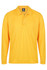A long-sleeved yellow polo shirt featuring a collar and three buttons, with a logo on the neckline.