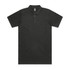 A black polo shirt with a collar and three button placket. The shirt has a logo on it.