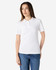A white ladies' polo shirt with short sleeves and a collar, featuring a small logo.