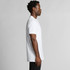 A white polo shirt displayed on a model from the side, featuring a logo on the chest.