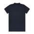 A dark navy polo shirt with a classic collar and short sleeves, featuring a branding logo.