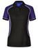A ladies' polo shirt in black and purple with contrasting white piping and a collar. It features a logo.
