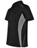 A black polo shirt with grey contrast panels and a logo. Features a classic collar and short sleeves.