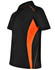 A black polo shirt with orange contrast detailing and a logo. Suitable for casual wear or sports activities.