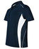 A navy polo shirt with white contrast panels and a logo. Features short sleeves and a classic collar.