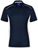 A navy blue polo shirt featuring white contrast details and a collar, with a branded tag at the neckline.