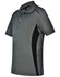 A grey kids' polo shirt with black contrast panels and a logo, featuring short sleeves and a classic collar.