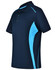 A navy blue polo shirt featuring light blue contrast panels and a branding logo. Short sleeves and a collar.