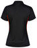 A black polo shirt with contrasting red side panels and a collar. It includes a logo on the garment.