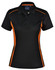 A black polo shirt with orange contrast detailing, featuring a collar and short sleeves. It has a logo on the chest.