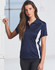 A navy polo shirt with white contrast panels, featuring a collar and short sleeves. It has a logo on the front.