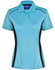 A light blue ladies' polo shirt featuring contrast black side panels and a logo on the collar.