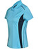 A blue and navy women's polo shirt featuring contrast panels and a logo. Short-sleeved design with a collar.