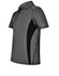 A grey polo shirt with black contrast panels, featuring a classic collar and short sleeves, with a logo on one side.