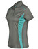 A ladies' short-sleeve polo shirt in dark grey with teal contrast accents and a logo on the chest.